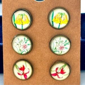 3 Pairs of 12mm Glass Cabochon Floral Print Stud Earrings, NWT, Handmade, Unworn